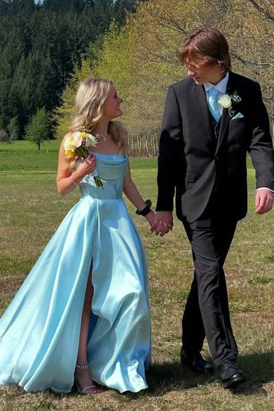 Elegant Strapless A-Line Empire-Waist Pleats Satin Prom Dress with Slit