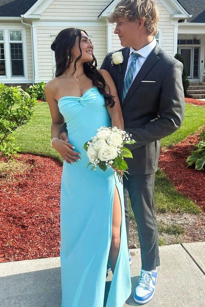 Blue Strapless Twist Satin Pleats Sleeveless Long Formal Prom Dress with Slit