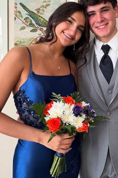 Navy Blue Spaghetti Straps Appliques Square Long Prom Dress with Slit