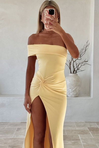 Yellow One Shoulder Pleats Satin High Slit Long Party Prom Dress