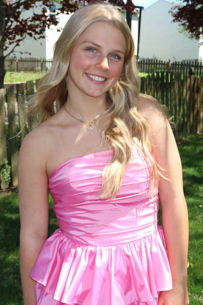 A-Line Strapless Empire-Waist Ruffles Satin Sleeveless Long Prom Dress with Slit