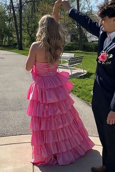 A-Line Strapless Empire-Waist Ruffles Satin Sleeveless Long Prom Dress with Slit
