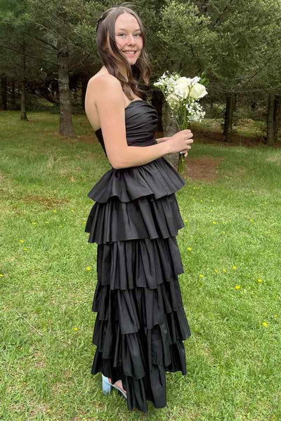 A-Line Strapless Empire-Waist Ruffles Satin Sleeveless Long Prom Dress with Slit