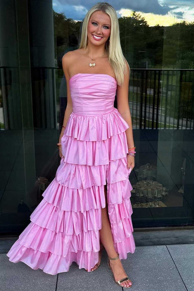 A-Line Strapless Empire-Waist Ruffles Satin Sleeveless Long Prom Dress with Slit