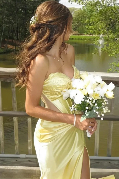 Yellow Strapless Sweetheart Pleats Mermaid Long Prom Dress with Slit