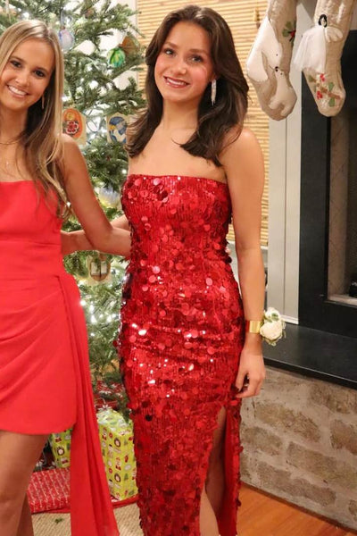 Red Strapless Scoop Neck Sequined Sleeveless Prom Dress with Slit