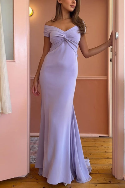 Lilac Off-Shoulder V-Neck Twist Satin Sheath Long Prom Dress