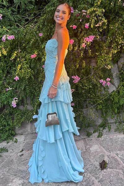 Classy Blue A-Line Empire-Waist Strapless Ruffles Pleats Prom Dress