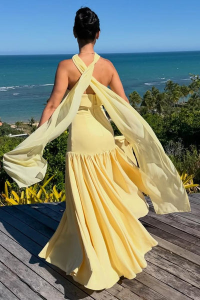 Yellow A-Line Empire-Waist Strapless Pleated Satin Long Formal Prom Dress