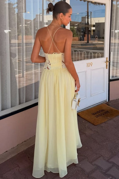 Yellow Spaghetti Straps A-Line Appliques Sleeveless Prom Party Dress