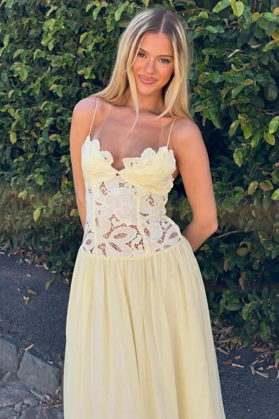 Yellow Spaghetti Straps A-Line Appliques Sleeveless Prom Party Dress