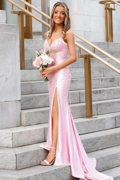 Pink Beaded Spaghetti Straps Sleeveless V-Neck High Slit Long Prom Dress