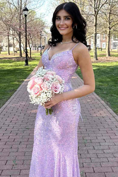 Spaghetti Straps V-Neck Sequined Sleeveless Sparkly Prom Dress