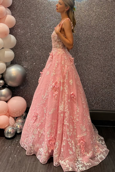 Pink A-Line Empire-Waist Lace Appliques Sleeveless Long Prom Dress