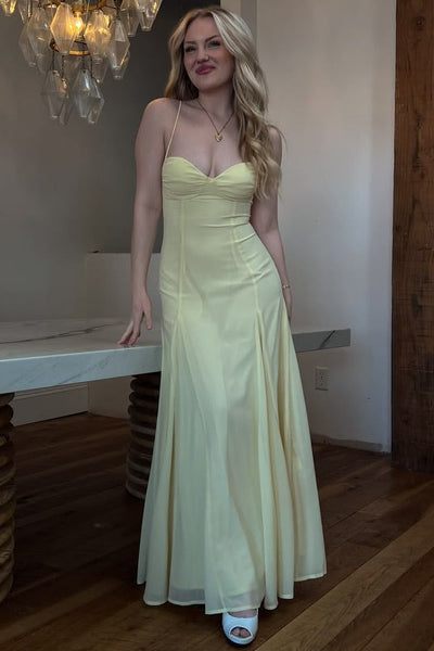 Yellow Spaghetti Straps Pleated Sweetheart Sleeveless Long Prom Dress