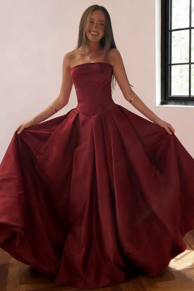A-Line Empire-Waist Strapless Pleats Sleeveless Long Prom Dress with Train