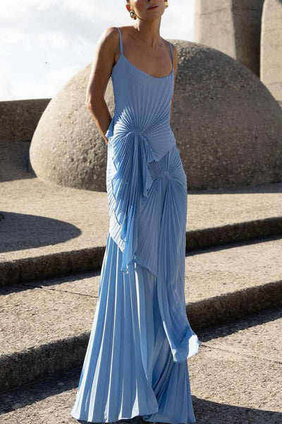 Spaghetti Straps Scoop Neck Ruffles Pleats Sleeveless Prom Evening Dress