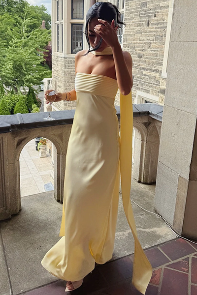 Simple Strapless Satin Sleeveless Fitted Long Formal Prom Dress