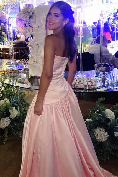 Pink Strapless A-Line Satin Empire-Waist pleated Long Prom Dress