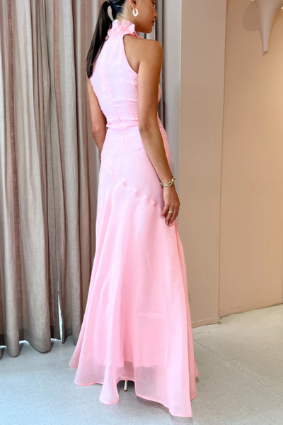Pink High Neck 3D Flower Sleeveless Evening Prom Dress with Slit