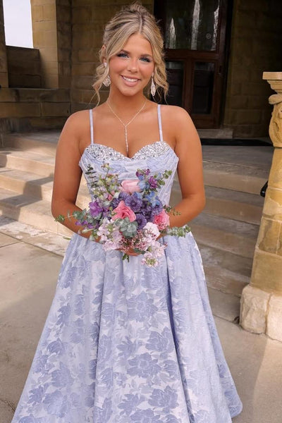Exquisite Spaghetti Straps A-Line Floral Empire-Waist Prom Dress with Beads