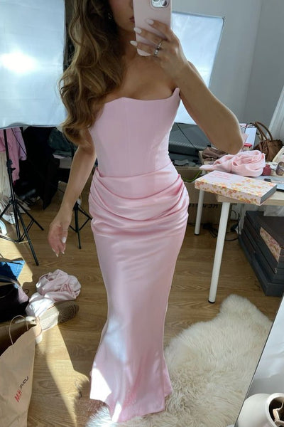 Simple Strapless Pleats Sleeveless Satin Long Formal Prom Dress