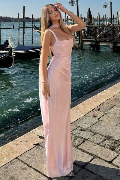 Pink Double Straps Pleats Satin Fitted Sleeveless Prom Dress with Ribbon