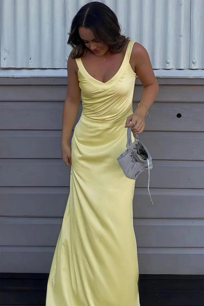 Mermaid V Neck Yellow Long Prom Dress With Criss Cross Back Formal Evening Gown