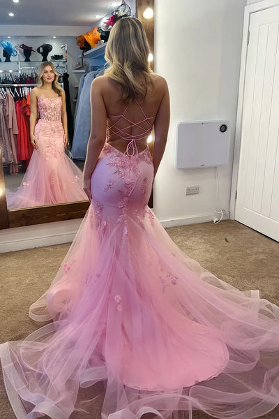 Mermaid Bateau Lace Up Appliques Pink Prom Dress With Tulle Train