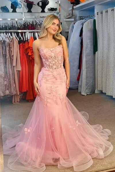 Mermaid Bateau Lace Up Appliques Pink Prom Dress With Tulle Train