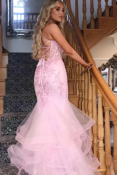 Mermaid Bateau Lace Up Appliques Pink Prom Dress With Tulle Train