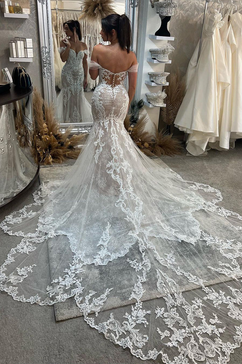 Mermaid Off the Shoulder Lace Wedding Dresses with Train VK23091109-1
