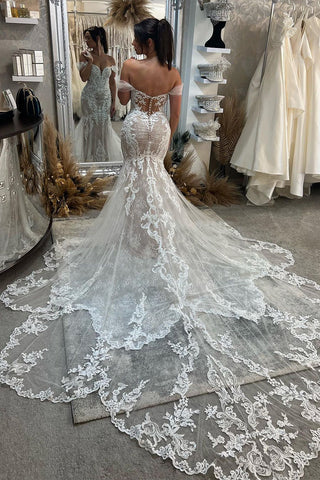 Mermaid Off the Shoulder Lace Wedding Dresses with Train VK23091109-1