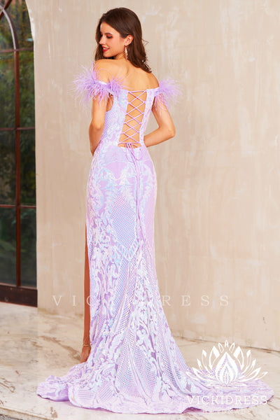 Mermaid Off the Shoulder Lavender Sequins Lace Long Prom Dress VK23121902-3