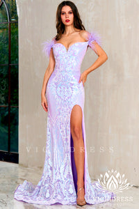 Mermaid Off the Shoulder Lavender Sequins Lace Long Prom Dress VK23121902