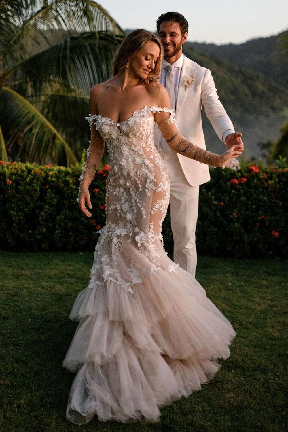 Mermaid Off the Shoulder Tulle Lace Wedding Dresses with Ruffles VK24090901
