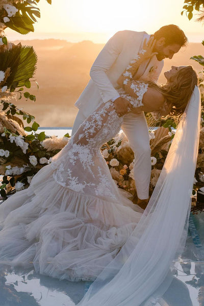 Mermaid Off the Shoulder Tulle Lace Wedding Dresses with Ruffles VK24090901