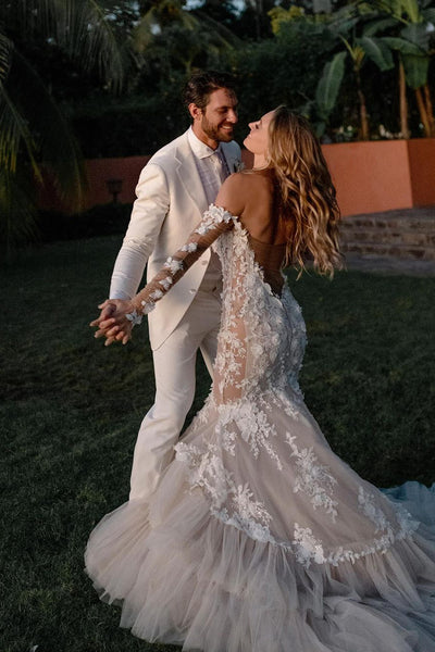 Mermaid Off the Shoulder Tulle Lace Wedding Dresses with Ruffles VK24090901