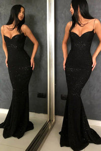 Mermaid Spaghetti Straps Sweetheart Black Sequined Prom Evening Dresses VK0301003-1