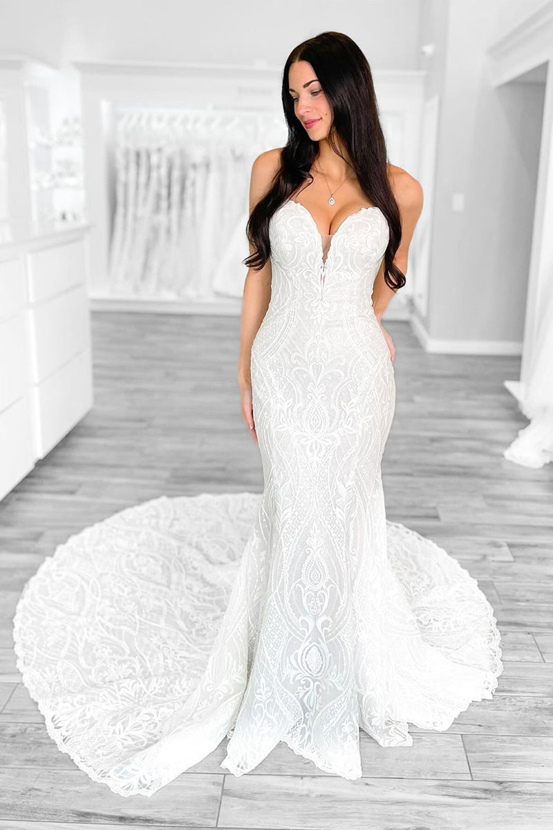 Mermaid Strapless Vintage Lace Wedding Dresses VK24030904