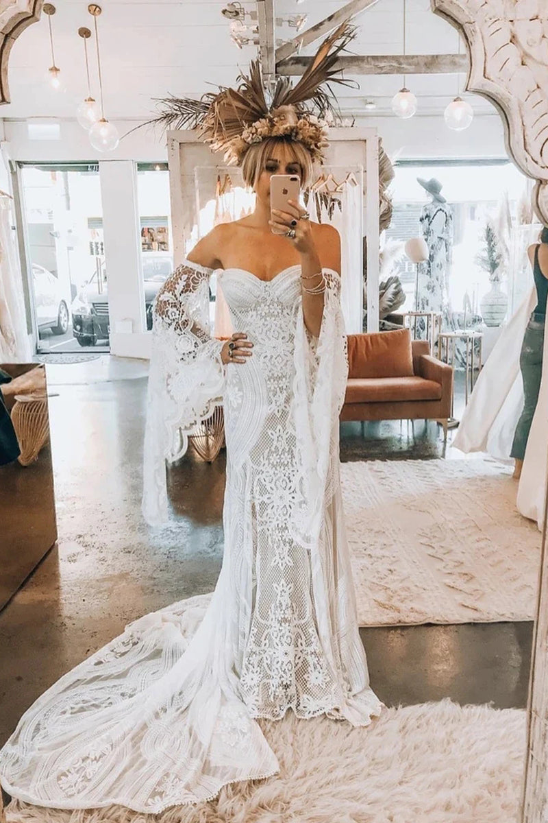 Free Shipping Mermaid Sweetheart Lace Boho Wedding Dresses with Sleeves VK0402003 – Vickidress