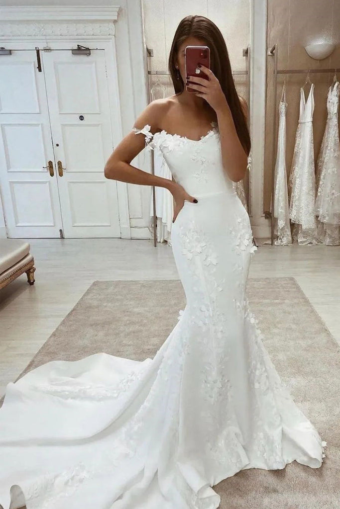 Mermaid Sweetheart White Satin Wedding Dresses with 3D Appliques VK073 –  Vickidress