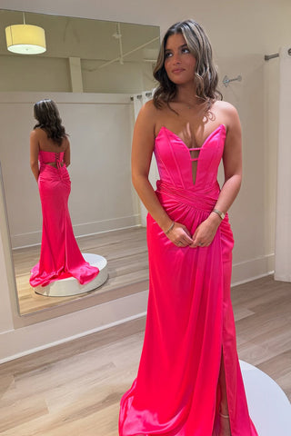 Mermaid V Neck Hot Pink Satin Prom Dress with Slit VK1322803-1