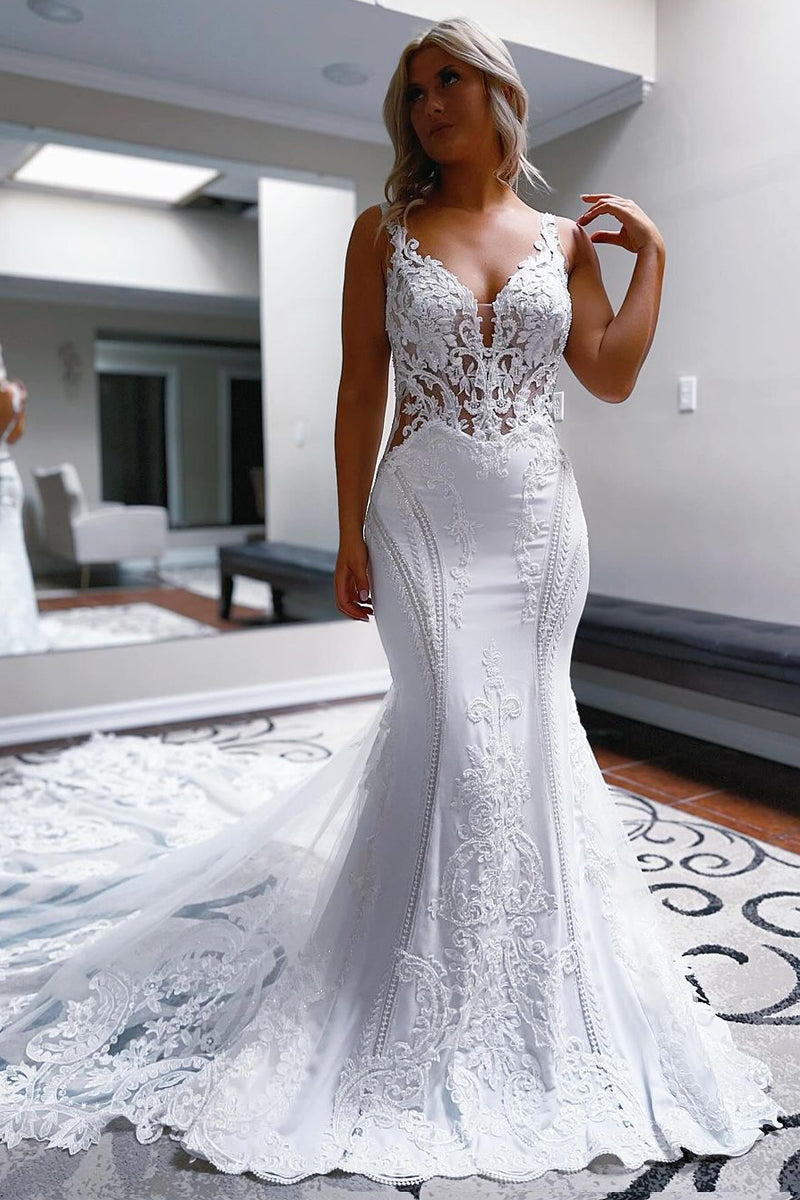 Mermaid V Neck Satin Lace Wedding Dresses VK24031003