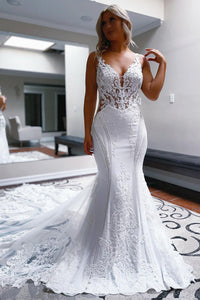Mermaid V Neck Satin Lace Wedding Dresses VK24031003