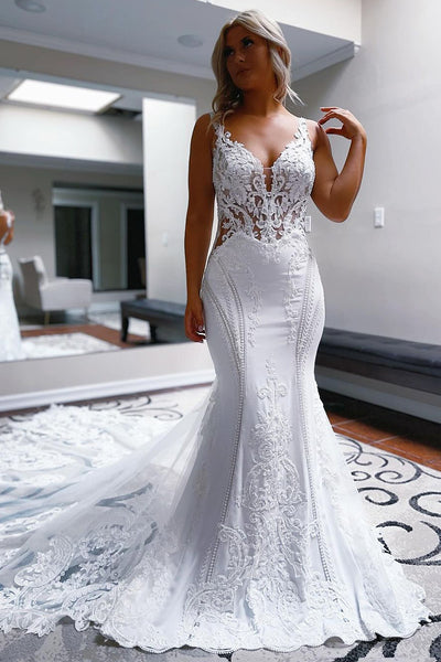 Mermaid V Neck Satin Lace Wedding Dresses VK24031003