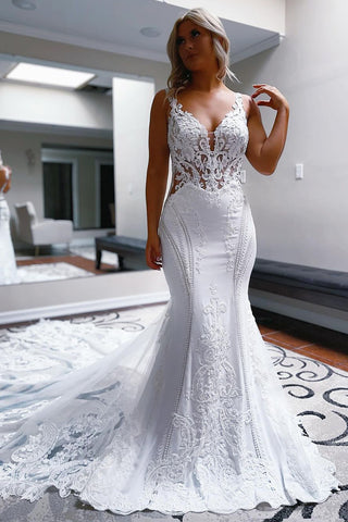 Mermaid V Neck Satin Lace Wedding Dresses VK24031003
