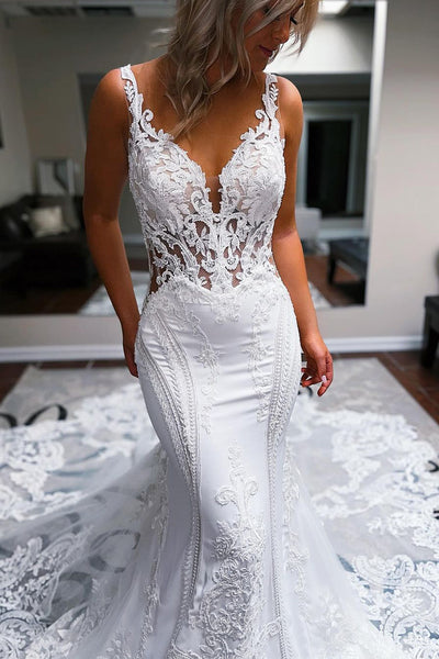 Mermaid V Neck Satin Lace Wedding Dresses VK24031003
