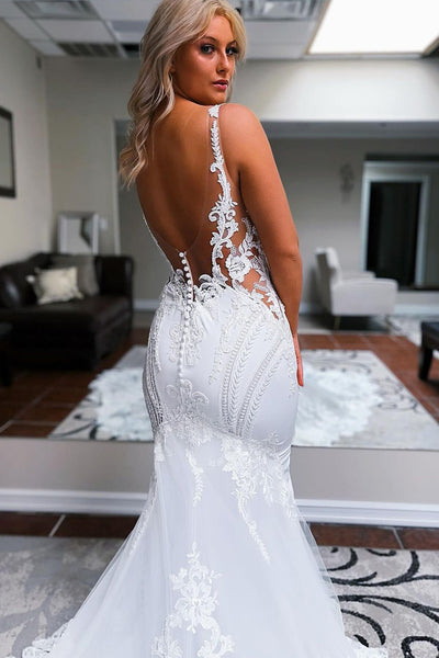 Mermaid V Neck Satin Lace Wedding Dresses VK24031003