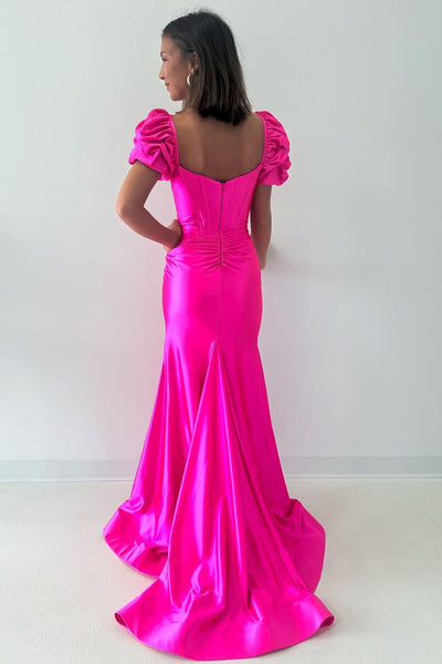 Mermaid V Neck Short Sleeves Hot Pink Satin Long Homecoming Dress with Slit VK24082906